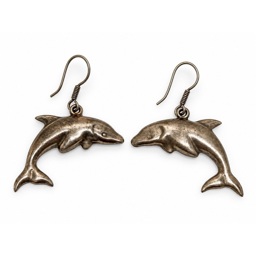 Vintage Taxco Mexico TC-223 925 Sterling Silver Dolphin Dangle Earrings 1.75"